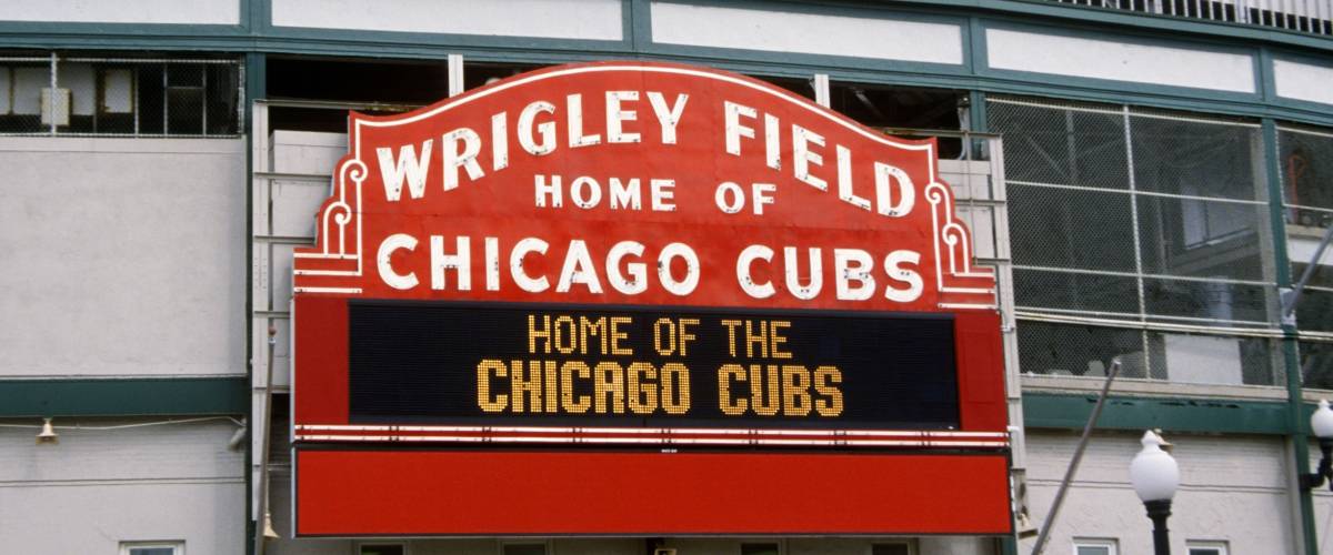 Close-up of signage at Wrigley Field, Illinois, home of Chicago Cubs