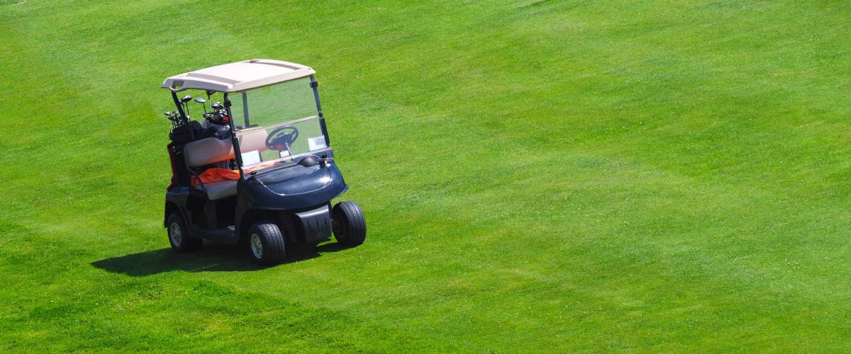 Golf cart with golf clubs on a green field