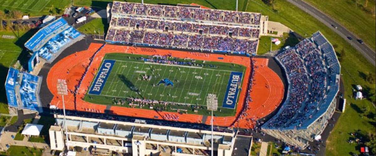 Aerial image of the college football stadium in Buffalo, NY.
