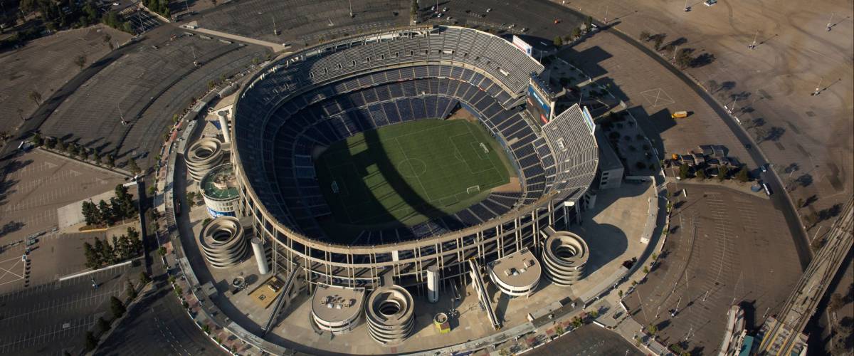 San Diego, California, USA – July 29, 2017: Aerial panoramic view of the SDCCU Stadium (San Diego State Aztecs football team stadium)