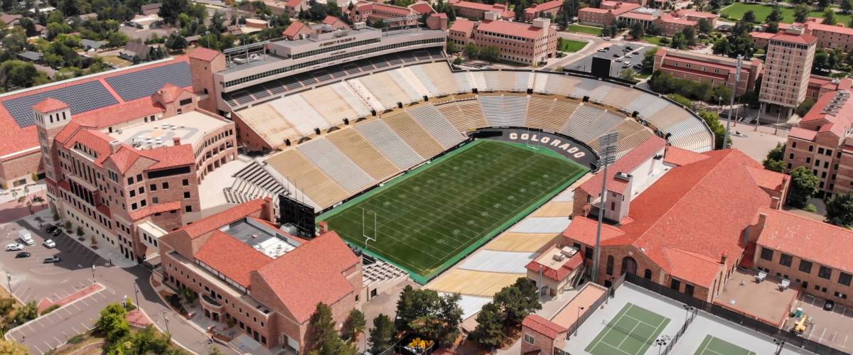 Boulder, Colorado / USA - August 18th 2018: Aerial side view of CU Stadium Folsom field
