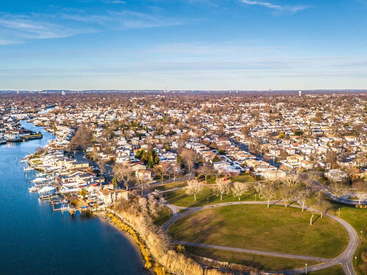 Aerial drone image of Long Island at sunset