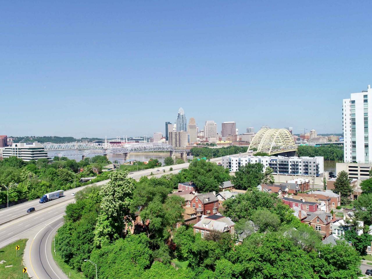 You can see one of the many bridges that lead into the gorgeous city of Cincinnati on a perfect spring day.