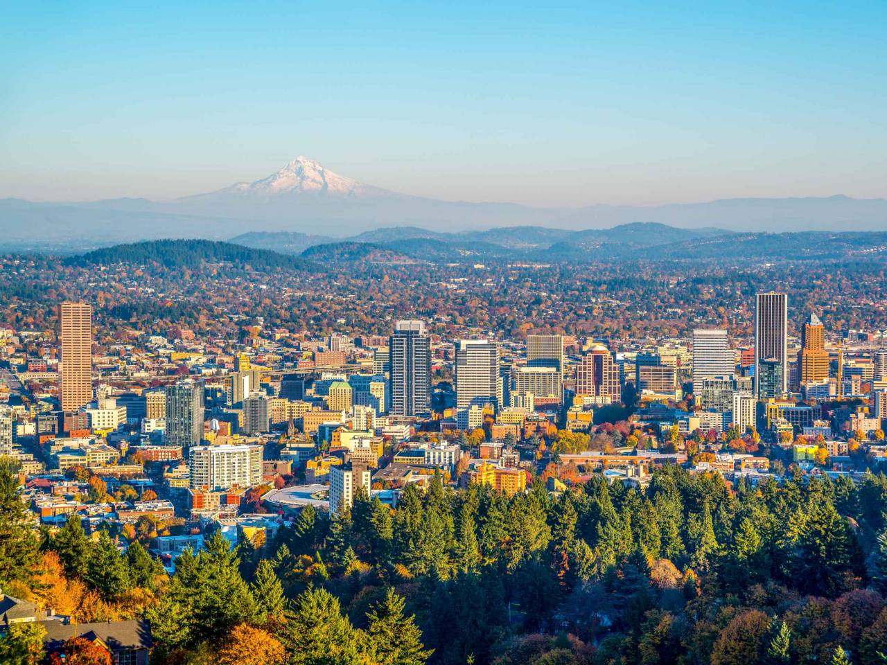 City of Portland Oregon and Mount Hood in Autumn, Oregon-USA