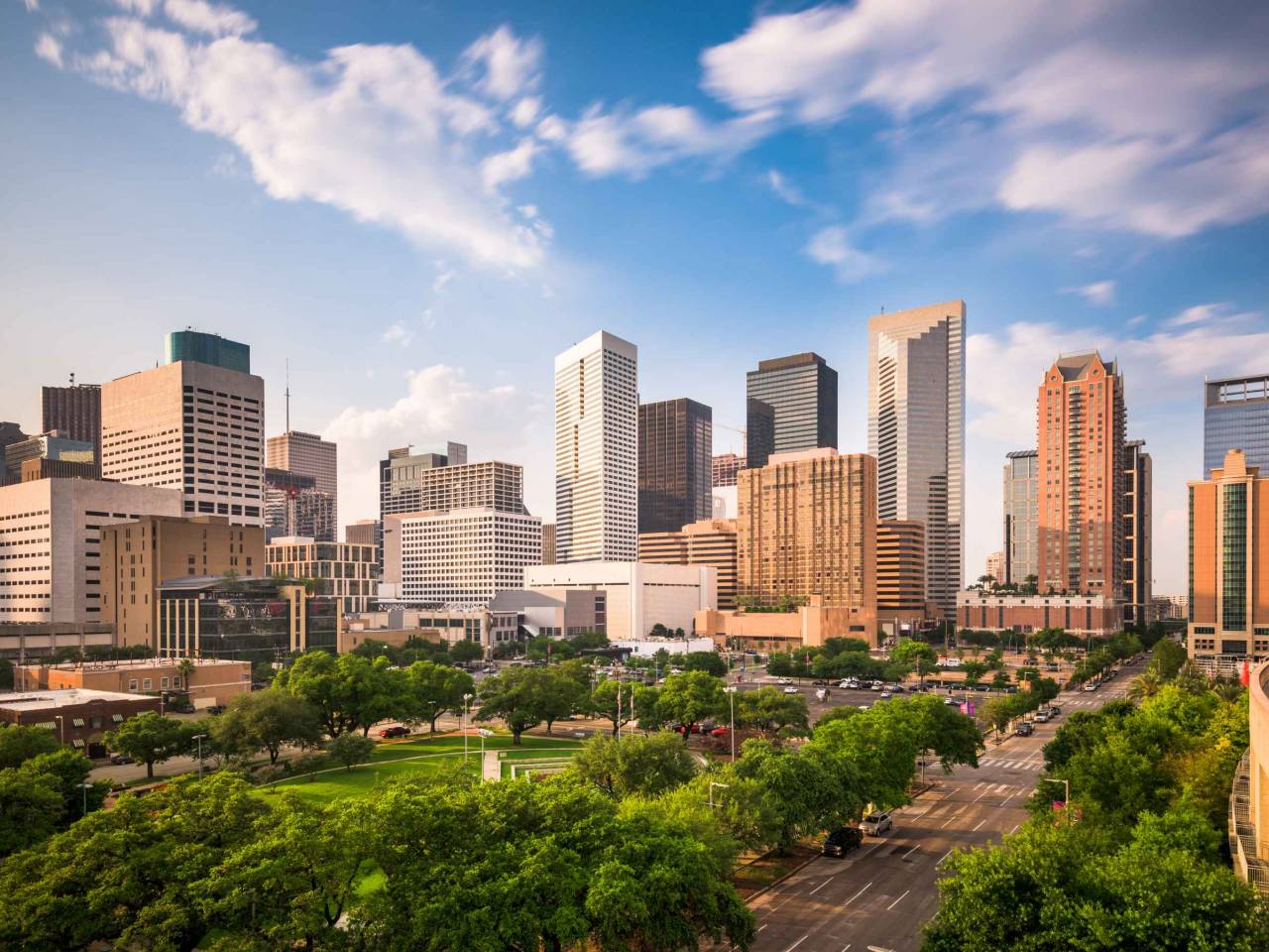 Houston, Texas, USA downtown city park and skyline.