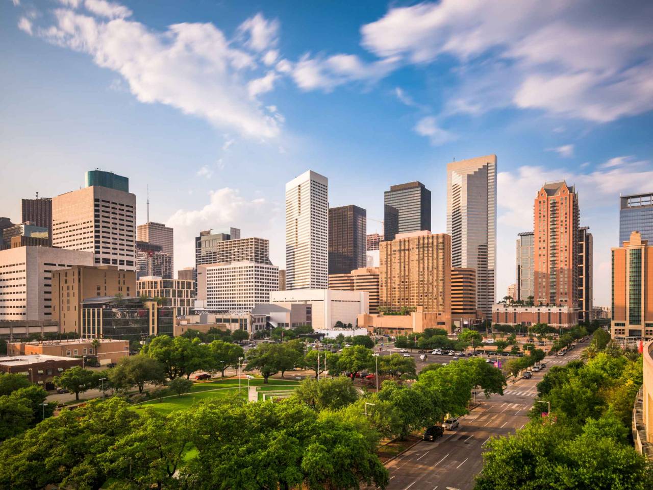 Houston, Texas, USA downtown city park and skyline.