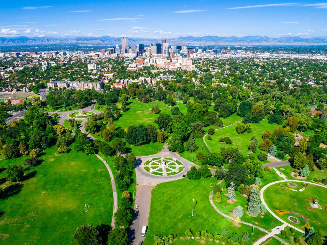 Denver Colorado green space city park aerial drone view high above the mile high city along the Rocky Mountain front range August 2018 sunny morning in the park