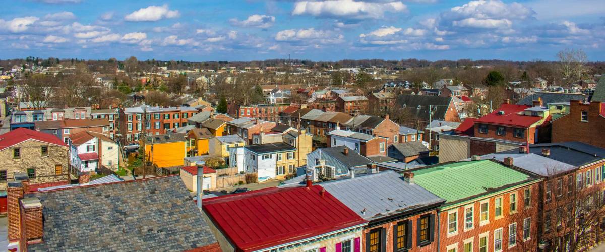 Aerial view of Old town in United state with blue sky in summer daytime - West Chester, Pennsylvania USA