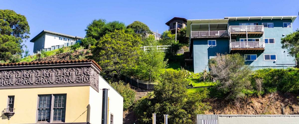 Residential area with houses built on a hill San Rafael, Marin county, north San Francisco bay area, California