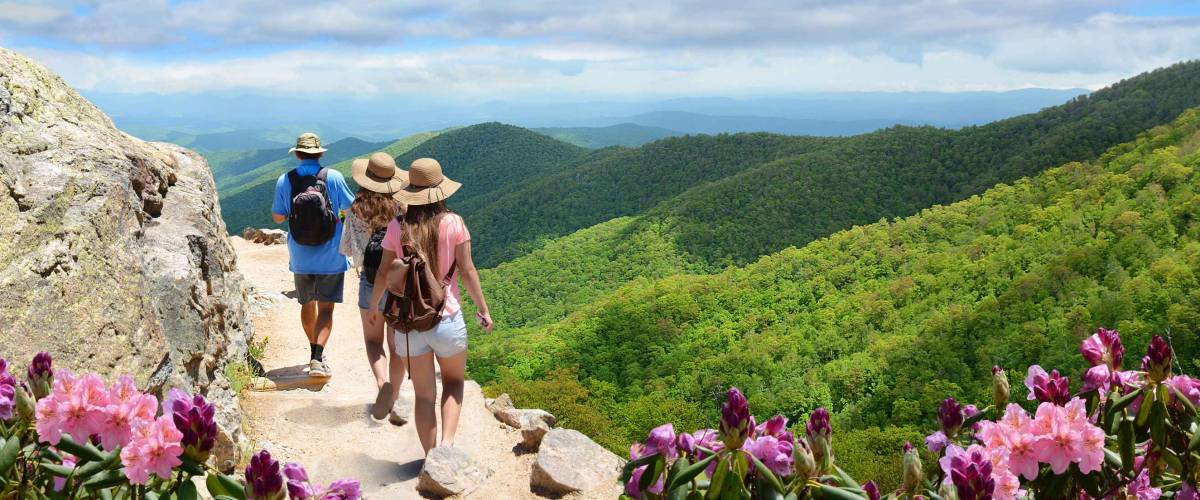 People with backpacks hiking on vacation trip in mountains. Father with his family enjoying time on a trip. Close to Asheville, Blue Ridge Mountains, North Carolina, USA.