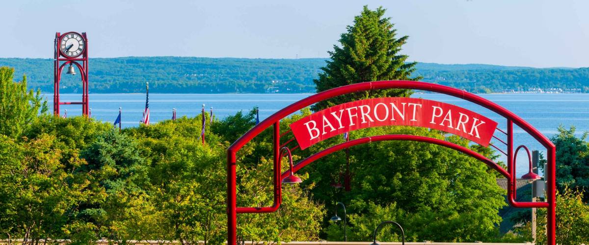 Entrance to Bayfront Park under the highway in Petoskey, Michigan, on Little Traverse Bay off Lake Michigan