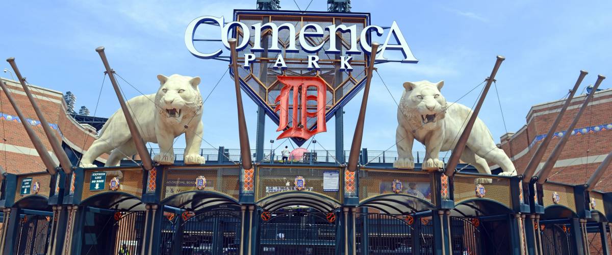 DETROIT, CIRCA MAY 2016. Marked by its signature tiger statues, Comerica Park is a baseball park which was part of the revitalization of Detroit and replaced Tiger Stadium in 2000.