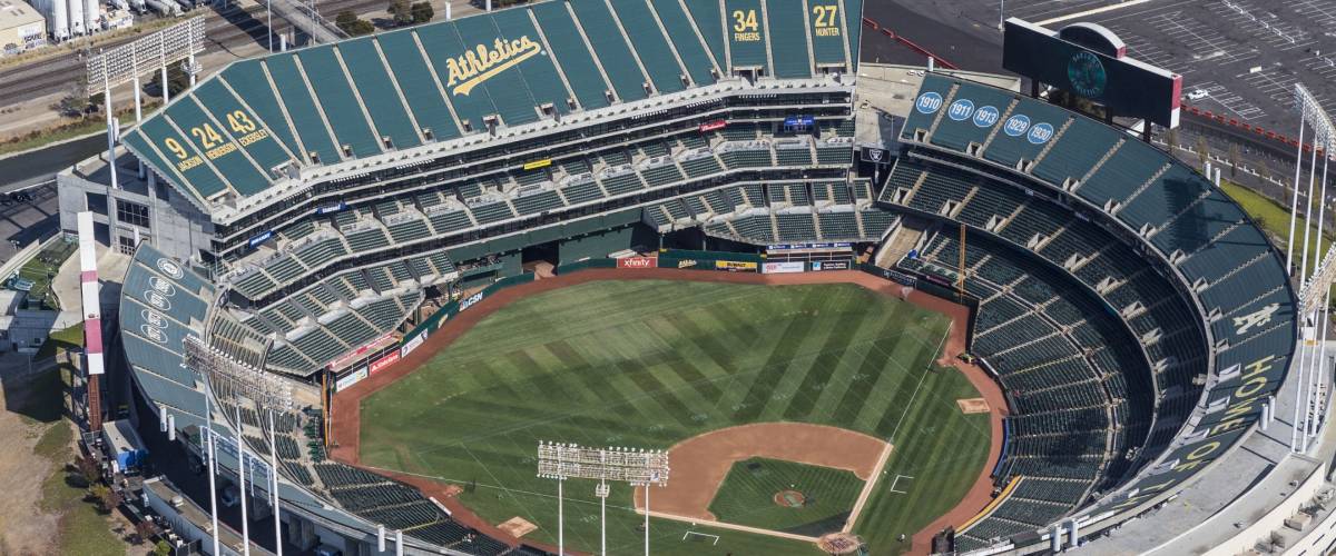 Oakland, California, USA - September 19, 2016: Aerial view of the Oakland Coliseum baseball stadium. Home of the Oakland Athletics.