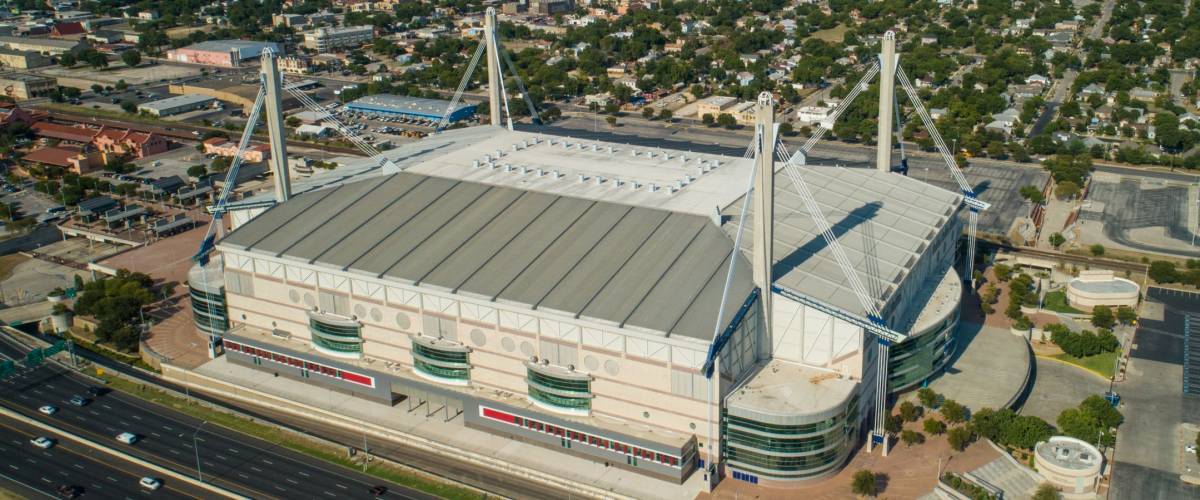 SAN ANTONIO, TEXAS, USA - AUGUST 1, 2018: Aerial drone image of the Alamodome in San Antonio Texas