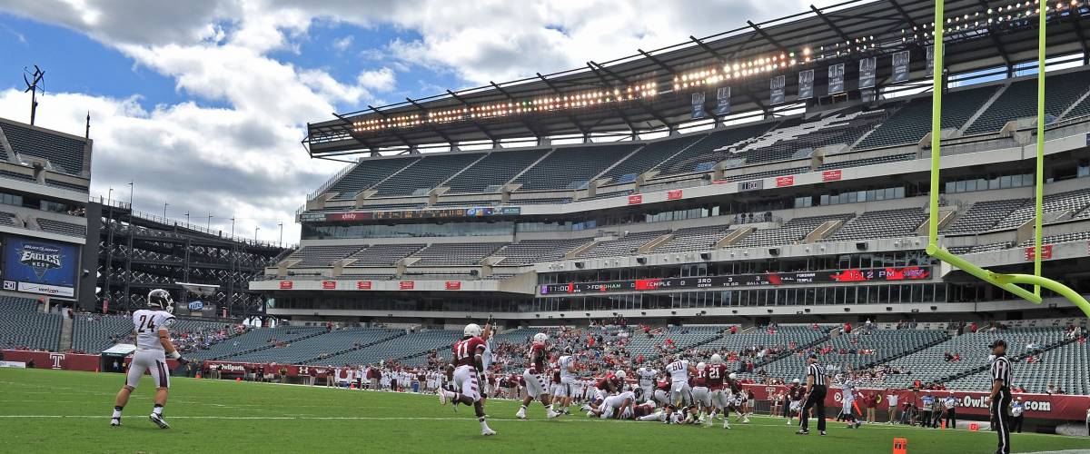 PHILADELPHIA - SEPTEMBER 14: Fordham runs a play near the goal line during the football game against Temple September 14, 2013 in Philadelphia, Pennsylvania.