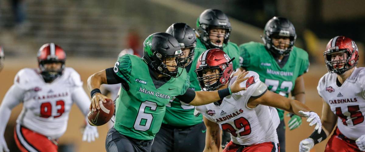 during a Division I football game between the Incarnate Word Cardinals and University of North Texas Mean Green on September 8, 2018, at Apogee Stadium, Denton, Texas.